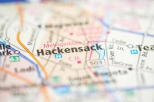 Close-up of a map highlighting Hackensack, New Jersey, with surrounding streets and nearby towns visible.